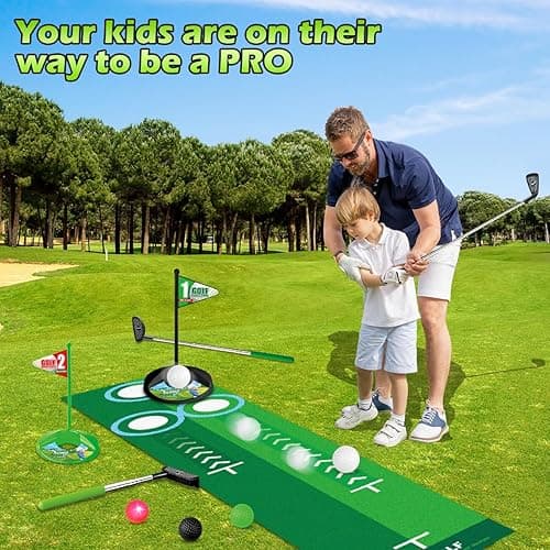 TERRAMUS Upgraded Kids Toy Golf Set with Dinosaur Automatic Golf Returner, Led Light Up Night Golf Balls, 3 Clubs, Putting Mat, 3-8 Toddler Mini Golf Games, Indoor Outdoor Sports Toys for Boys Girls thumbnail 9