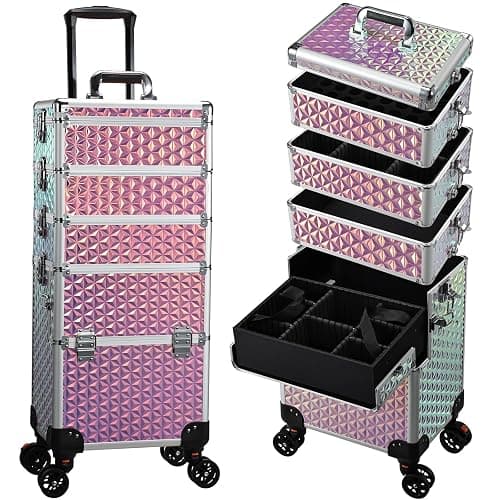 Yueieoun 5 in 1 Rolling Makeup Case, Cosmetology Case on Wheels Travel Make up Train Case Nail Cart Makeup Organizer Cosmetic Storage Box Cases Extra Large Trolley Truck with 360° Swivel Wheels, Pink - Image 1