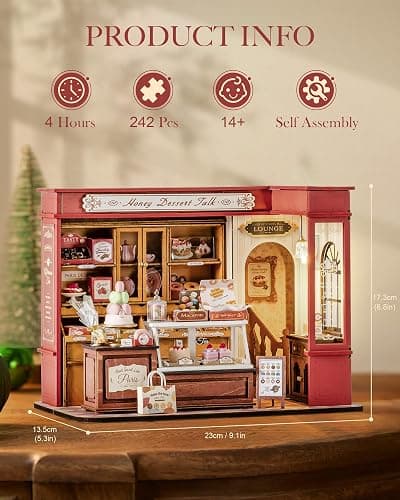 ROBOTIME DIY Miniature House Kit, Mini Wooden Dollhouse Kit for Adults, Building Kit with LED Light, Diorama Model,Halloween/Christmas/Birthday Gifts for Family/Friends (Honey Dessert Talk) thumbnail 3