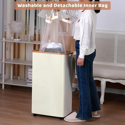 iEGrow Laundry Basket with Wheels, 110L Beige Clothes Hamper for Laundry, Laundry Hamper with Lid and Inner Bag, for Laundry Room, Bedroom, Dormitory Storage,Beige thumbnail 4