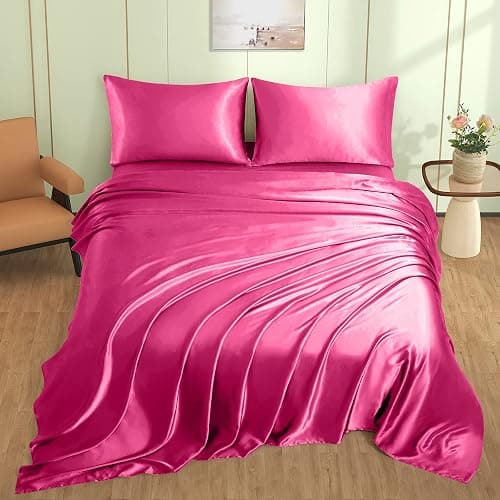 VACVELT 3pcs Hot Pink Satin Sheets Twin Size Bed Set, 15 Inch Deep Pocket Silky Satin Sheet Set, Soft Satin Bedding Set Cooling & Luxury Bed Sheets, 1 Fitted Sheet + 1 Flat Sheet + 1 Pillowcase thumbnail 2