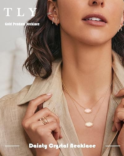 TLY Gold Necklace for Women Non Tarnish 14k Gold Plated Dainty Preppy Pendant Necklace Oval Gemstone Crystal Druzy Stone Rose Quartz Choker Necklace Birthday Wedding Everday Birthstone Jewelry Gifts for Mom thumbnail 3