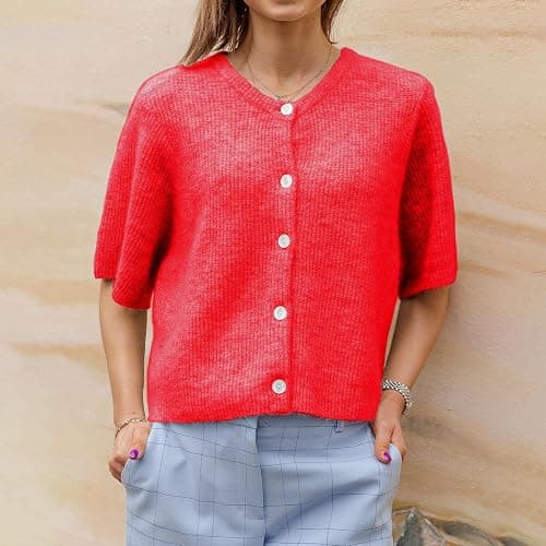 Women Knitted Button Down Short Sleeve Tops Solid Color Round Neck Cardigan Blouse Going Out Sweater Streetwear thumbnail 2