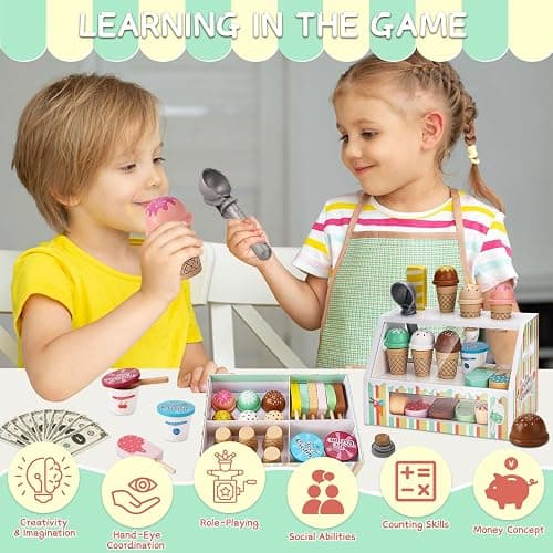 Wooden Ice Cream Toys for Kids Pretend Play Kitchen Food Toys with Scoop & Menu & Fake Money, Ice Cream Counter Shop Playset for 3 4 5 6 Year Old Girls Boys Birthday Gifts thumbnail 5