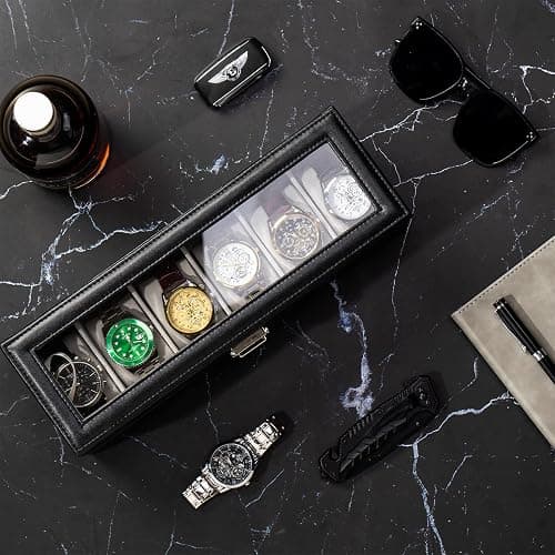 ProCase Watch Box for Men, 6 Slot Watch Display Case with Drawer, Mens Watch Case With Glass Lid, 2-Layer Jewelry and Watch Storage Watch Holder Organizer for Men Women -6 Slot, Black - 6-Slot - Black thumbnail 2