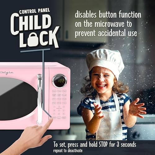 Nostalgia Retro Microwave Oven 0.7 Cu Ft, 700-Watt Countertop Size with Glass Turntable, Child Safety Lock, 8 Auto-Cook Programs, Digital Clock, Pink thumbnail 5