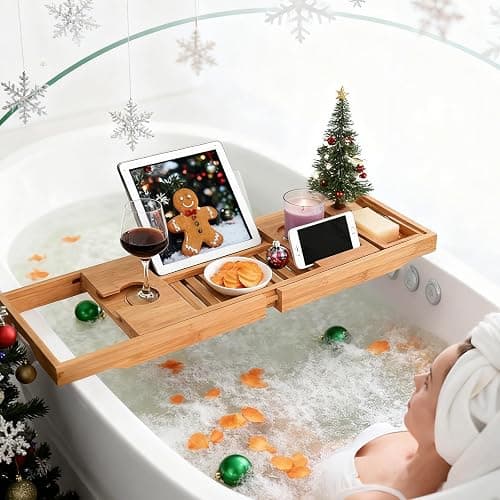 Utoplike Bathtub Caddy Tray, Bamboo Tub Tray with Sliding Towel Holder, Bath Table with Book Holder, Phone Stand and Adjustable Book Reading Rack, Tablet Slots thumbnail 2
