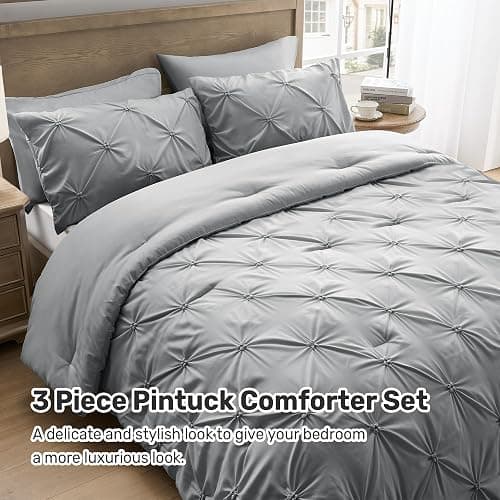 UNIKOME Queen Comforter Set Gray/Light Gray - Soft Pintuck Down Alternative Bedding Set for All Seasons, 3 Pieces Pinch Pleat Solid Bed Set with Comforter, 2 Pillowcases - 09 Gray/Light Gray - Queen(92“x88“) thumbnail 5