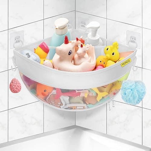 Bath Toy Storage Corner Wall Mounted, 4.32 Gallons Bath Toy Holder, Bottom Zipper Mesh Bathtub Toys Storage Organizer Bag, Quick Access Baby Shower Caddy Quick Dry Bathtub Toys Holder Accessory - Image 1