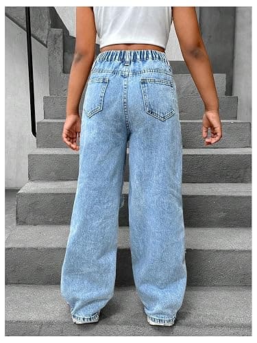 Floerns Girl's Distressed Jeans Baggy Wide Straight Leg Y2k Ripped Denim Pants thumbnail 2