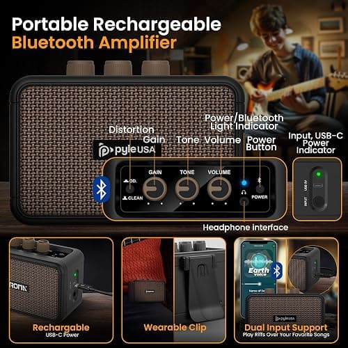 Pyle Electric Guitar and Amp Kit - Full Size 39" Complete Starter Kit with Wearable Bluetooth Amplifier, 1/4” Cable, Carry Case, Strap, Strings, Picks, Cleaning Cloth, ST-Style Pickups (Blue Burst) thumbnail 4