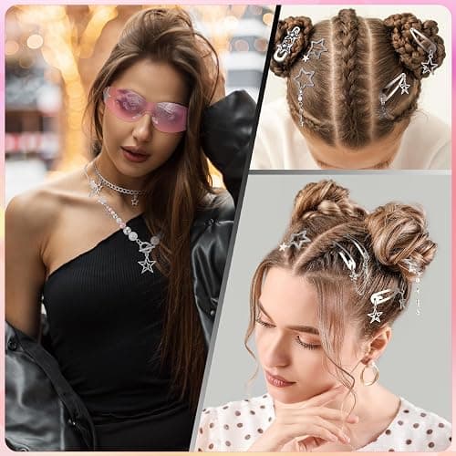 JATEBI Y2k Accessories Set Included Star Y2k Silver Necklace Bracelets Grunge Layered Necklace Y2K Sunglasses Hair Clip Pink Keychain Vintage Jewelry Set for Women thumbnail 6
