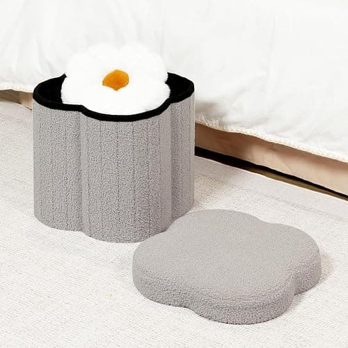 B FSOBEIIALEO Storage Ottoman Cube, Flowers Shaped Ottomans with Storage Foot Stool Footrest for Lving Room, Boucle Ottoman Seat for Dorm Room,Faux Teddy Fur, Grey 12.6"x12.6"x12.6" thumbnail 2
