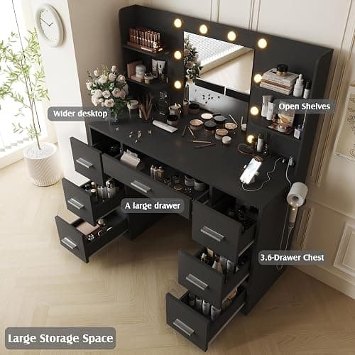 YESHOMY Vanity Desk with Mirror, Power Outlet and 10 Lights, Makeup Table with 7 Drawers, 3 Color Modes Available for Bedroom, Pure Black thumbnail 4