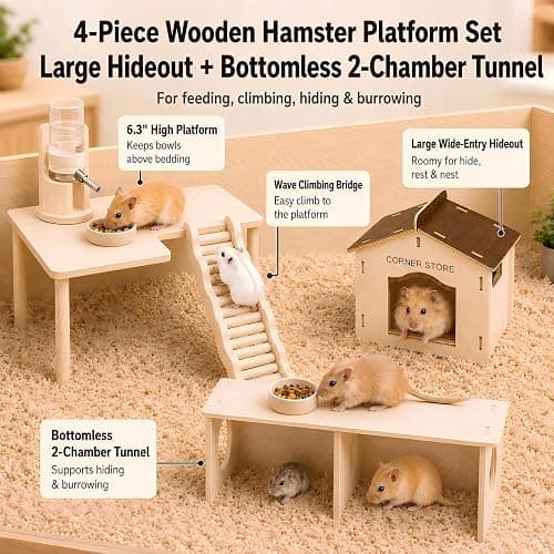 Viventwave 4-Piece 6.3-Inch High Hamster Platform Set, Large House Hideout | Hamster Cage Accessories: Hamster House, Hides & 2-Chamber Tunnel for Large Syrian Hamsters, Dwarf Hamsters, Gerbils and Mice thumbnail 2