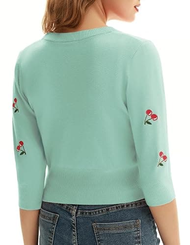 Belle Poque Women's 3/4 Sleeve V-Neck Button Down Cherries Embroidery Cropped Cardigan Sweater Coat thumbnail 4