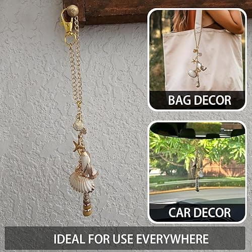 Sea Shells Car Decor,Cute Coastal Hanging Charm for Rear View Mirror, Boho Beach Themed Car Accessories,Hand-Made Starfish Conchas Aesthetic Ornament Pendant for Women - Gold thumbnail 4