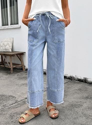 SHEWIN Women's Wide Leg Jeans High Waisted Baggy Jeans Stretchy Drawstring Denim Pants thumbnail 8