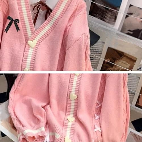 FindThy Women’s Cute Sweet Cardigan Sweater Kawaii Love Button Long Sleeve V-Neck Bowknot Knitted Outerwear thumbnail 4