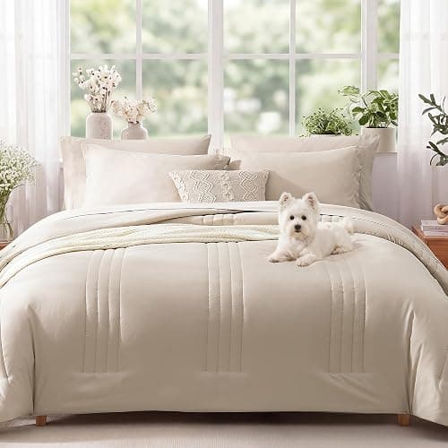 Queen Comforter Set-7 Pieces Beige Soft Bed in a Bag Queen Bedding Sets | Monbix All-Season Vertical Quilted Comforter with Sheets, Pillow Shams & Pillowcases thumbnail 2