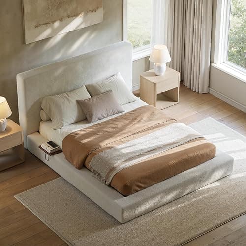 Evermagin White Queen Upholstered Bed Frame with Headboard,Soft Frame Cloud Bed with Adjust 2 Bedside Table,Modern Platform Cushion Bed Frame for Bedroom,No Box Spring Required Easy Assembly thumbnail 3