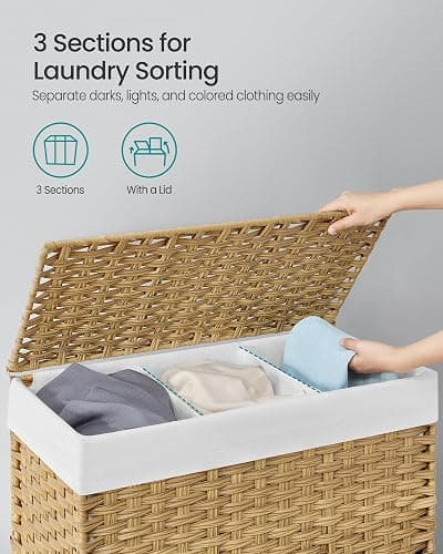 SONGMICS Laundry Hamper with Lid, 42.3 Gallons (160 L), Rolling Laundry Basket with Wheels, 3-Section Synthetic Rattan, Removable Liner, Bedroom, 29.9 x 13 x 26 Inches, Natural ULCB365N01 thumbnail 4