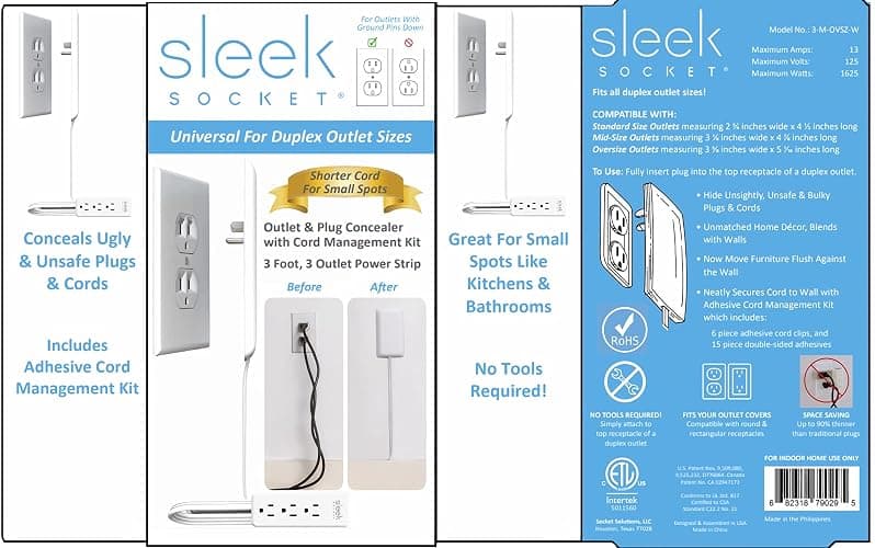 Sleek Socket Original & Patented Flat Ultra-Thin Outlet Concealer with Extension Cord Kit, Multi Outlets Power Strip, Ideal for Home Improvement, Hide Bulky and Messy Cords, 3ft thumbnail 9