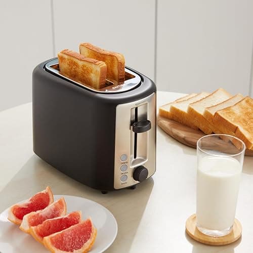 Amazon Basics 2 Slice Toaster, With 6 Browning Settings, Extra Wide Slots For Bagels and Special Breads, Removable Easy-to-Clean Crumb Tray, Cancel/Defrost/Bagel Buttons, 900W, Black & Silver thumbnail 2