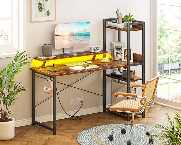 ODK Reversible Gaming Desk with Power Outlets and LED Lights, 48 Inch Computer Desk with Storage Shelves and Monitor Stand, Modern Writing Study Desk for Home Office, Rustic Brown thumbnail 9