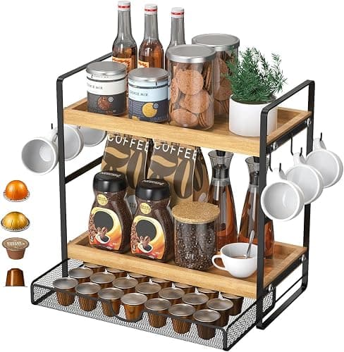 LEMIKKLE 2-Tier Wood Coffee Station Organizer with Pod Holder and Drawer, Kitchen Countertop Organizer, Coffee Bar Accessories Station with Coffee Pod Storage, Coffee Organizer - Image 1