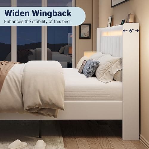 Allewie Full Size LED Bed Frame with Charging Station, Velvet Upholstered Platform Bed with Geometric Wingback Headboard, Modern Frame with No Box Spring Needed, Easy Assembly, White thumbnail 6