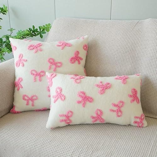 YDBDAT Coquette Room Decor Bow Throw Pillow Covers Embroidered Pillow Covers 12x20 Set of 2 Christmas Cute Bowknot Decoration Pillow Cases for Home Bedroom Lumbar Couch Dorm Pink thumbnail 2