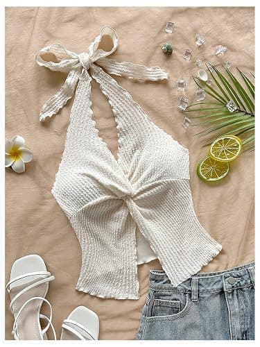 SHENHE Women's Twist Front Tie Halter Neck Split Hem Backless Summer Going Out Crop Top thumbnail 3