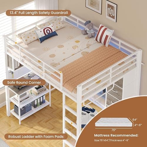 VIAGDO Loft Bed Full Size with L-Shaped Desk and 5 Storage Drawers, Full Size Loft Bed with Charging Station and LED Lights, Metal Loft Bed with Safety Guardrail & Ladder, Space-Saving (White) thumbnail 7