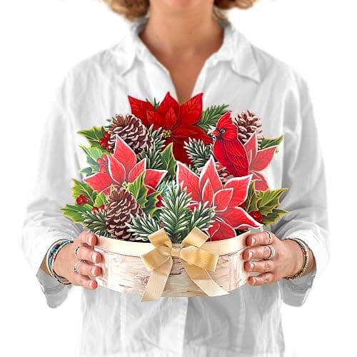 Freshcut Paper Pop Up Cards, Birch Poinsettia, 10 Inch Life Sized Forever Flower Bouquet 3D Popup Greeting Cards, Christmas Card, Holiday Card, Blank Notecard & Envelope - Birch Poinsettia - Image 1