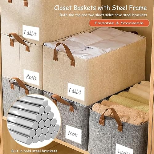 AARAINBOW Linen Closet Organizer Storage Bin with Steel Frame, Stackable Fabric Jeans Baskets for Shelves, 4 Packs Foldable Wardrobe Clothes Box for Sweater Pants Clothing Towel Shirt Felt, 23L Beige thumbnail 4