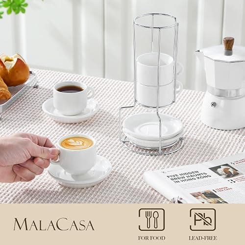 MALACASA 2.5 OZ Porcelain Espresso Cups with Saucers and Metal Stand Set of 4, Stackable Cappuccino Cups, White Expresso Shots Cup Set for Coffee Drinks, Latte, Tea thumbnail 2