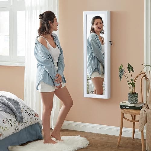 SONGMICS 6 LEDs Mirror Jewelry Cabinet, 47.2-Inch Tall Lockable Wall or Door Mounted Jewelry Armoire Organizer with Mirror, 2 Drawers, 3.9 x 14.6 x 47.2 Inches, White UJJC93W thumbnail 2