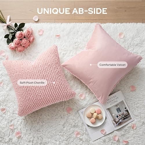 HOMEIDEAS Light Pink Textured Chenille Pillow Covers 18x18 Set of 2 | Thick Plush Double Sided Design,Cozy Warm Touch Textured Design,Couch Sofa Bed Bedroom,Modern Farmhouse Decor thumbnail 6