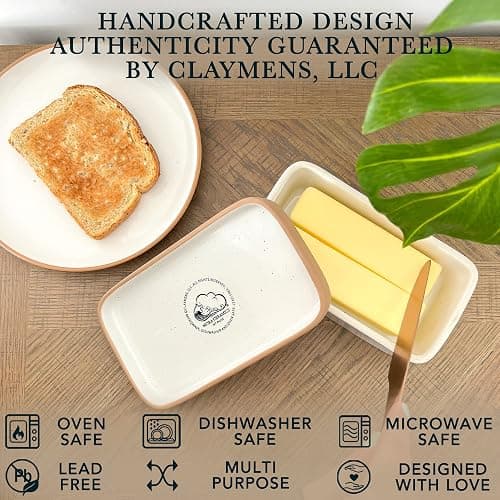 Mora Ceramic Two-in-One Butter Dish with Lid, Covered Butter Crock Container to Leave on Countertop - Large Storage Keeper/Holder for Kitchen, Gifts for Her, Butter Tray For Counter - Vanilla White thumbnail 5