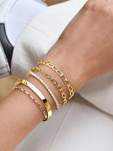 POXTEX 14K Gold Plated Bracelets for Women Waterproof, Non Tarnish Trendy Dainty Minimalist Stackable Jewelry Sets, Herringbone Cuban Paperclip Rope Bead Link Chain Stack Pack, Modern Fashion Accessories Gifts thumbnail 2