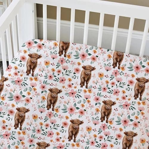 HawSkgFub Highland Cow Floral Boho Fitted Standard Crib Sheet for Baby Girl, Retro Western Farm Animal Yak Flower Toddler Mattress Cover, Soft Stretchy Nursery Bed Sheets Decor Kids Gift 52" x 28" thumbnail 6