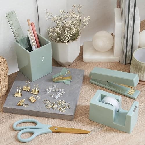 Aesthetic Desk Accessories Set - A Complete Desktop Organizer Set For Women Enhances Any Office Decor - An Office Supplies Kit w Gold Finish incl. Pen Holder, Scissors, Stapler, Tape Dispenser & More thumbnail 6