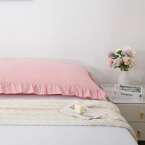 Jilboo Vintage Pink/White Gingham Body Pillow Cover 20x54 - Ruffled Farmhouse Bedding Accent | 100% Washed Cotton Checkered Pillow Sham for Bed, Sofa, Couch (Blush Plaid, 1pc) thumbnail 7