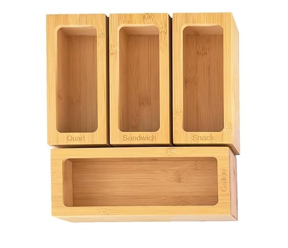 Incredinest Bamboo Drawer Organizer Bag Holder – Modular Design Zip Lock Bag Organizer Plastic Wrap Dispenser with Cutter – Baggie Organizer for Drawer with Single and Double Wrap Dispenser thumbnail 7