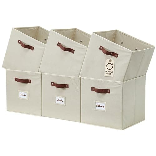 DECOMOMO Cube Storage Bin, Storage Cubes with Labels | 10.5" x 11" Cube, Baskets for Shelves, Kallax Linen Closet Organizers (6pcs, Beige) - Image 1