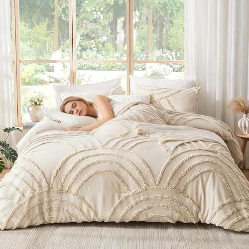 ENJOHOS Full Boho Comforter Set for College Girls - 3 Pieces Beige Tufted Rainbow Comforter, Lightweight Soft Microfiber Bedding with 2 Pillowcase for All Season thumbnail 2