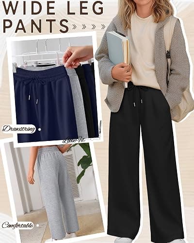 LessonZoo Teen Girls Sweatpants Wide Leg Drawstring Lounge Pants Straight Leg Athletic Trousers with Pockets Size 5-14 thumbnail 4