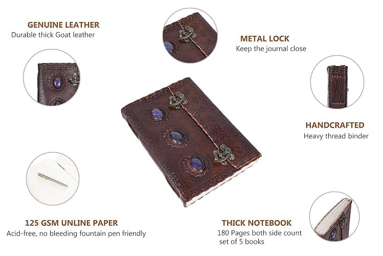 Leather Journal Medieval Stone Embossed Handmade Book of Shadows Vintage Notebook Office Diary College Poetry Sketch Book 10 x 7 Inches - Gift for women & men thumbnail 4