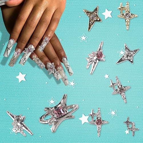 Y2K Nail Charms and Gems 3D Silver Star Butterfly Planet Cross Nail Charms for Acrylic Nails Design Kawaii Nail Jewels for Nail Art (Silver-90) thumbnail 4